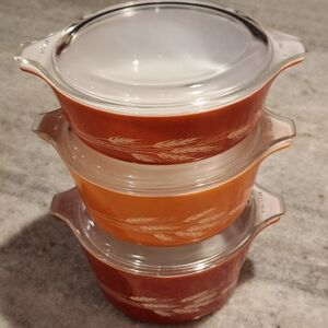 Pyrex Autumn Harvest Wheat Small Casserole Set Wheat 471-B 472-B 473-B w/ lids